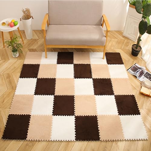 12 Stück Quadratische Ineinandergreifende Schaumstofffliesen, Weiche Teppichfliesen, Plüsch-Puzzlematten, Bodenmatte Für Schlafzimmer, 12 X 12 Zoll(Color:Weiß+Hellkaffee+Kaffee) von FYYSJW