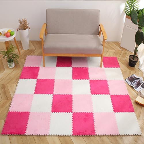 12 Stück Quadratische Ineinandergreifende Schaumstofffliesen, Weiche Teppichfliesen, Plüsch-Puzzlematten, Bodenmatte Für Schlafzimmer, 12 X 12 Zoll(Color:White+Pink+Rose Rot) von FYYSJW