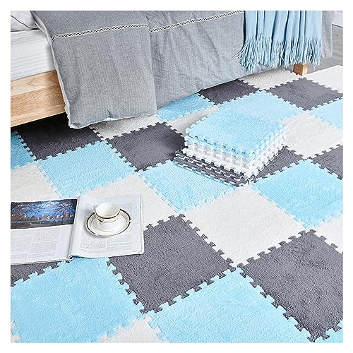 20 Stück Plüsch-Patchwork-Schaumstoff-Bodenmatten, 12 X 12 Zoll Dicke Ineinandergreifende Bodenteppichquadrate, Plüsch-Puzzle-Schaumstoff-Bodenmatte(Color:Grau+Blau+Weiß) von FYYSJW