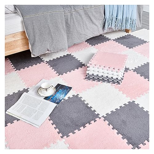 20 Stück Plüsch-Patchwork-Schaumstoff-Bodenmatten, 12 X 12 Zoll Dicke Ineinandergreifende Bodenteppichquadrate, Plüsch-Puzzle-Schaumstoff-Bodenmatte(Color:Grau+Rosa+Weiß) von FYYSJW