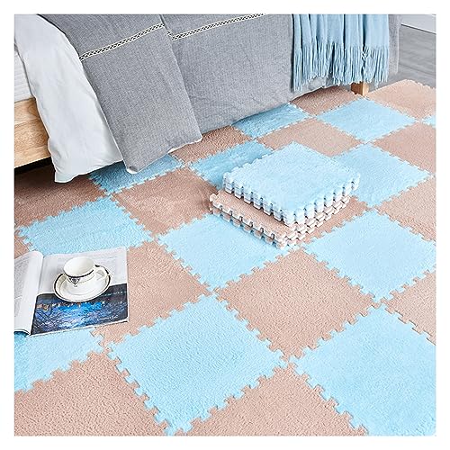 FYYSJW 20 Stück Plüsch-Patchwork-Schaumstoff-Bodenmatten, 12 X 12 Zoll Dicke Ineinandergreifende Bodenteppichquadrate, Plüsch-Puzzle-Schaumstoff-Bodenmatte(Color:Hellbraun+Blau) von FYYSJW