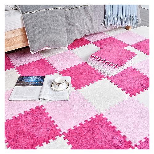 20 Stück Plüsch-Patchwork-Schaumstoff-Bodenmatten, 12 X 12 Zoll Dicke Ineinandergreifende Bodenteppichquadrate, Plüsch-Puzzle-Schaumstoff-Bodenmatte(Color:Rosenrot+Rosa+Weiß) von FYYSJW