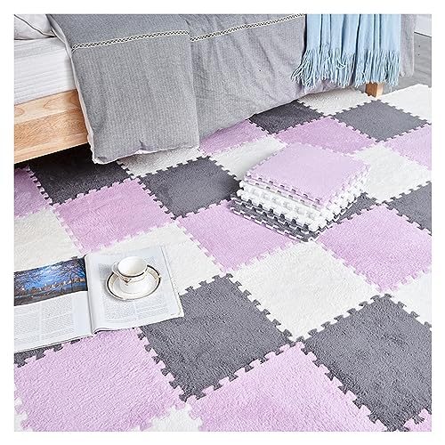 FYYSJW 20 Stück Plüsch-Patchwork-Schaumstoff-Bodenmatten, 12 X 12 Zoll Dicke Ineinandergreifende Bodenteppichquadrate, Plüsch-Puzzle-Schaumstoff-Bodenmatte(Color:Weiß+Grau+Lila) von FYYSJW