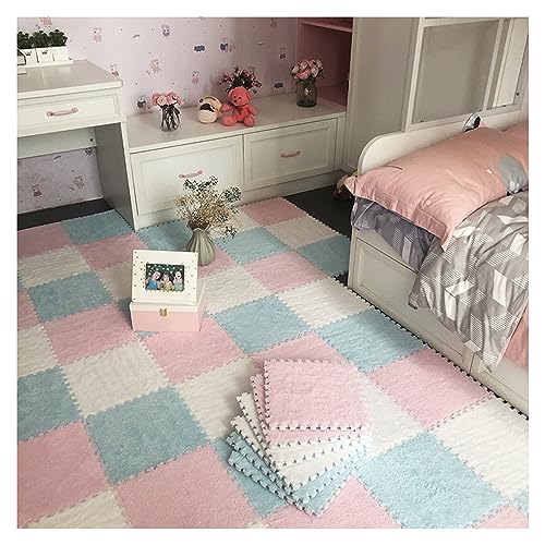 50 Stück Ineinandergreifende Plüschschaum-Puzzle-Bodenmatten, Weiche Klettermatten, 12 X 12 Zoll Schaumstoff-Spielmatten Für Spielzimmer, Schlafzimmer, Wohnzimmer(Color:Rosa+Hellblau+Weiß) von FYYSJW