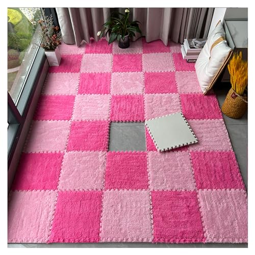 FYYSJW 50 Stück Ineinandergreifende Teppichfliesen, Dicker Plüsch-Puzzle-Teppich, Teppiche Für Wohnzimmer, Schaumstoff-Puzzle-Bodenfliesen, 12 X 12 Zoll(Color:Rosenrot+Rosa) von FYYSJW