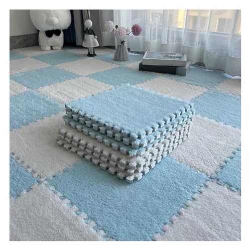 10 Stück Ineinandergreifende Teppichfliesen, Flauschige Quadratische Schaumstoff-Bodenmatten, Spielmatte Für Wohnzimmer, Schlafzimmer, Spielzimmer, 12 X 12 Zoll(Color:Hellblau+Weiß) von FYYSJW