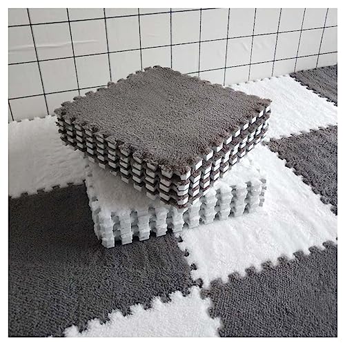 FYYSJW 100 Stück Ineinandergreifende Schaumstoffmatten, Flauschige Teppichfliesen, Plüsch-Teppich, 12 X 12 Zoll Ineinandergreifende Bodenfliesen, Weiche Puzzle-Spielmatte, Bodenmatte(Color:Weiß+Grau) von FYYSJW