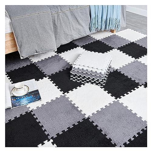 FYYSJW 20 Stück Plüsch-Patchwork-Schaumstoff-Bodenmatten, 12 X 12 Zoll Dicke Ineinandergreifende Bodenteppichquadrate, Plüsch-Puzzle-Schaumstoff-Bodenmatte(Color:Schwarz+Grau+Weiß) von FYYSJW