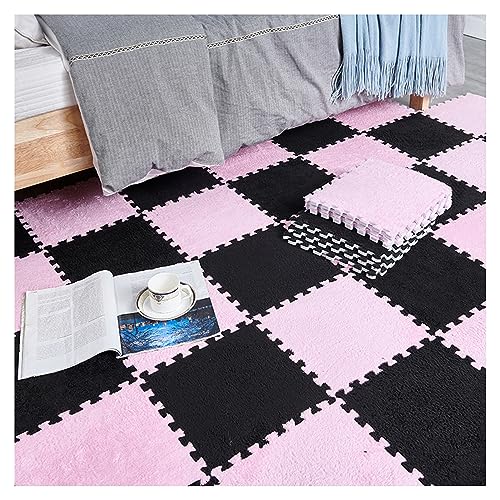 20 Stück Plüsch-Patchwork-Schaumstoff-Bodenmatten, 12 X 12 Zoll Dicke Ineinandergreifende Bodenteppichquadrate, Plüsch-Puzzle-Schaumstoff-Bodenmatte(Color:Schwarz+Rosa) von FYYSJW