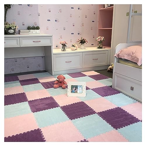 FYYSJW 50 Stück Ineinandergreifende Plüschschaum-Puzzle-Bodenmatten, Weiche Klettermatten, 12 X 12 Zoll Schaumstoff-Spielmatten Für Spielzimmer, Schlafzimmer, Wohnzimmer(Color:Hellblau+Lila+Rosa) von FYYSJW