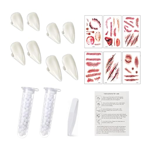 4 Paare Vampir Zähne, Vampir Fangs 4 Größen, Zähne Gefälschte Zahnersatz mit Zahnpastaklebe, 6 Halloween Temporäre Tattoos, mit 2 Tuben Zahngel, für Cosplay Halloween Party Requisiten Vampir Kostüm von FYZSJWL