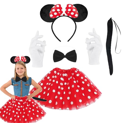 5 Stück Maus Mouse Kostüm, Mädchen Maus Mouse Kostüm Set, Mini Mouse Kostüm, Rot Tutu, Haarreifen mit Maus Ohren, Schwarz Schleife, Handschuhe, Schwänze, für Karneval Cosplay Fasching von FYZSJWL