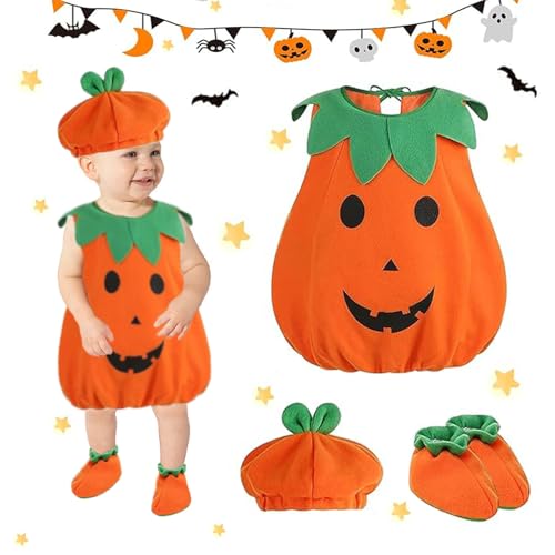 FYZSJWL Halloween Kostüm Kürbis kinder,Kinder Kürbis Kostüm mit Hüte, Schuhe und Kürbistasche, Halloween Kostüm Kinder,für Halloween, Karneval Party Cosplay 3-10 Jahre (110) von FYZSJWL