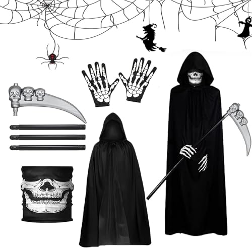 FYZSJWL 4 Teiliges Sensenmann Kostüm,Halloween Kostüm Sensemann,Tod Kostüm Set mit Schädelmaske, Sense, Skelett Handschuhe, Umhang,für Halloween Dekoration Cosplay Karneval von FYZSJWL