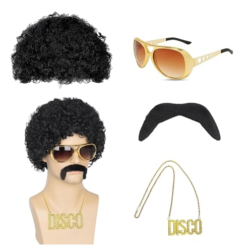 Herren Hippie Perücken Zubehör Set 4 Pcs, Disco Accessories Men, Hippie Kostüm Herren, 70er Jahre Accessoires Disco, Funky Afro Perücke, Sonnenbrille Halskette, für Cosplay Kostüm Thema Party von FYZSJWL