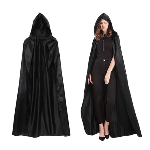 Schwarzer Umhang mit Kapuze,Mittelalter Umhang Kapuzenumhang,Halloween Umhang mit Kapuze,Umhang Kostüm Halloween,für Karneval Ostern Partys Halloween Kostüm Unisex(Schwarz) (150) von FYZSJWL