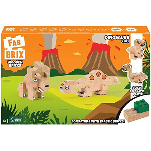 FabBrix Dinosaurs FB-1817 Holzbausteine, Klemmbausteine aus zertifiziertem Buchenholz, 100% kompatibel mit konventionellen Bausteinen von FabBrix