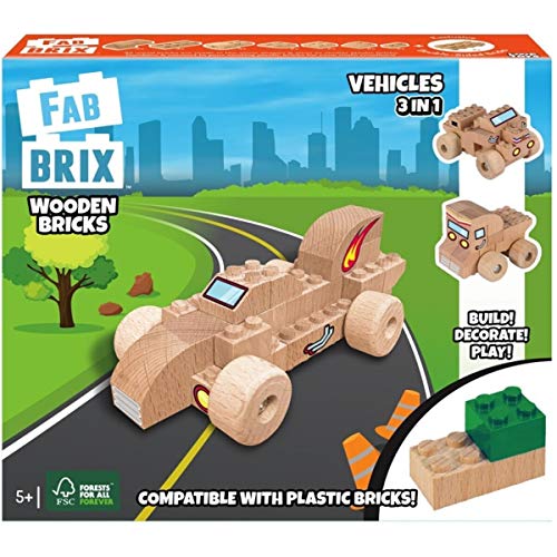 FabBrix Vehicles FB-1810 Holzbausteine, Klemmbausteine aus zertifiziertem Buchenholz, 100% kompatibel mit konventionellen Bausteinen von FabBrix