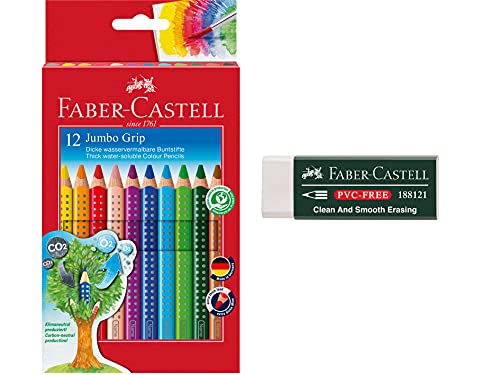 Faber-Castell 110912 - Farbstift Jumbo Grip Kartonetui 12er & 188121 - Radierer 7081 N PVC-Free, Kunststoff, weiß von Faber-Castell