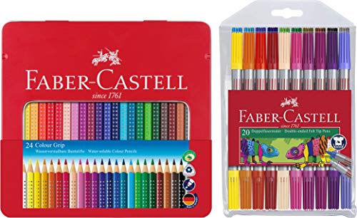 Faber-Castell - Farbstift Colour Grip (24er Metalletui) stabiles, langlebiges Etui für unterwegs + 20 Doppelfasermaler von Faber-Castell