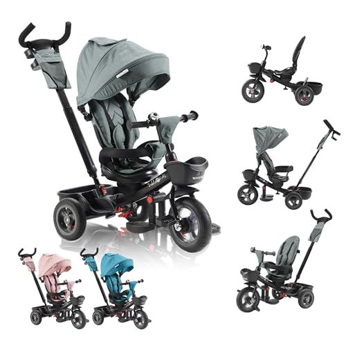 FableKids 5in1 Dreirad Noemi mit Schubstange ab 18 Monate bis 25kg, Vorwärts und Rückwärtsfahrt, PU-Reifen, Freilauf geräumiger, Korb, Tasche, Getränkehalter - Grau von FableKids