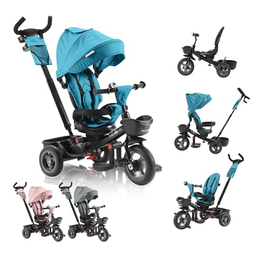 FableKids 5in1 Dreirad Noemi mit Schubstange ab 18 Monate bis 25kg, Vorwärts und Rückwärtsfahrt, PU-Reifen, Freilauf geräumiger, Korb, Tasche, Getränkehalter - Türkis von FableKids