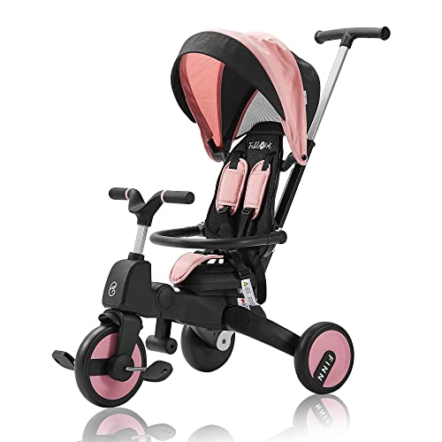 FableKids Dreirad 7in1 Kinderdreirad Kinder Lenkstange Fahrrad Baby Kinderwagen | Elternlenkung |Verdeck | ab 18 Monaten | 360° Sitz | Pink von FableKids