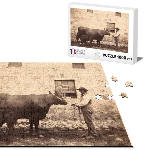 Klassische Puzzle 1000 Stücke alte Foto Sepia Bauer und seine Kuh Kalb Original Rindfleisch von Fabulous