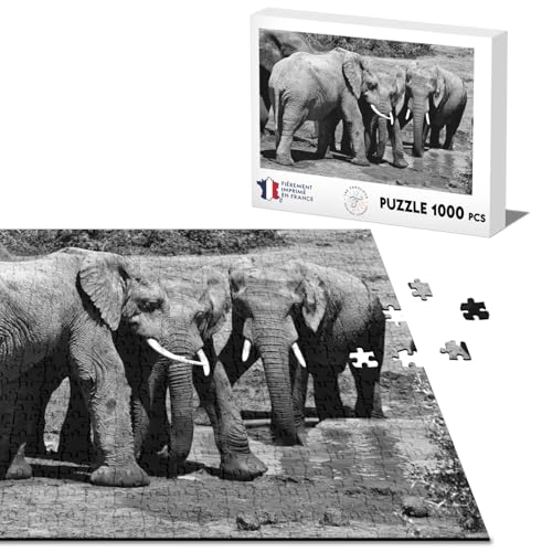 Klassisches Puzzle, 1000 Teile, Elefant am Wasserpunkt, Schwarz und Weiß von Fabulous