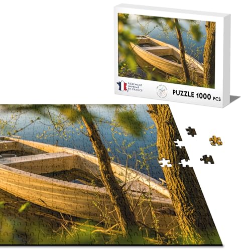 Klassisches Puzzle, 1000 Teile, Holzboot auf einem See im Frühling, Landschaft der Natur von Fabulous