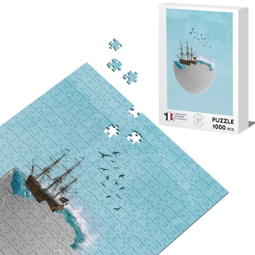 Klassisches Puzzle, 1000 Teile, Ocean in einem Ei, Collage, Kunst, Surrealismus, Segelboot von Fabulous