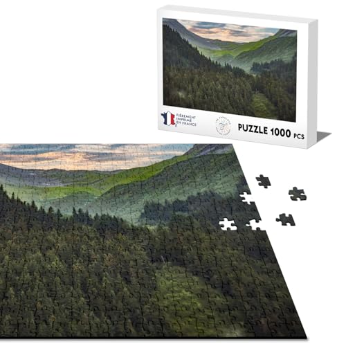 Klassisches Puzzle, 1000 Teile, Tal mit Kiefern im Berg, untergehende Sonne, Landschaft von Fabulous