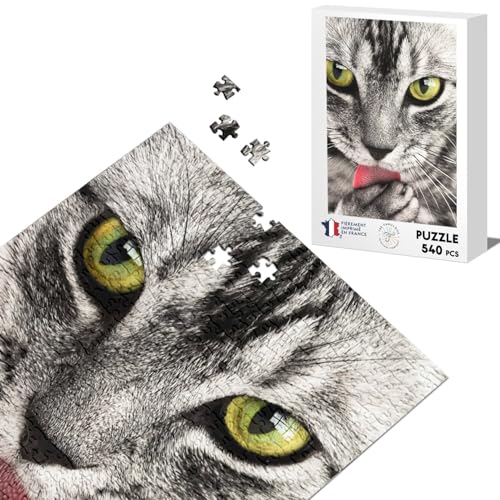 Klassisches Puzzle, 540 Teile, getigerte Katze, Schwarz & Weiß, Augen, Grün, Zunge, Rosa, Tiere von Fabulous