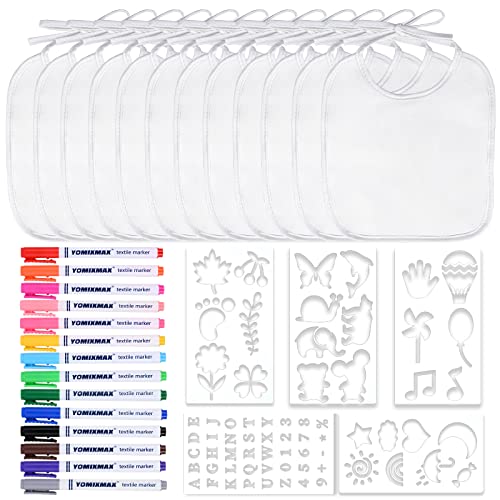 Faburo 12 Stück Baby Lätzchen zum Bemalen, 20 * 24cm Baby Lätzchen aus Baumwolle Doppelseitig mit 14pcs Farbigem Textilstift 5pcs Malen Schablonen für Babyshower Party von Faburo