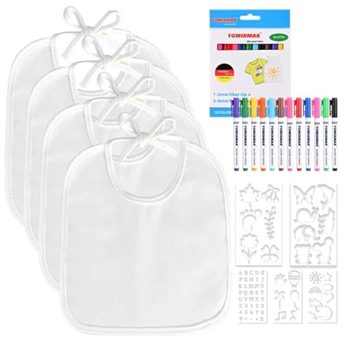 Faburo 12 Stück Lätzchen zum Bemalen, Lätzchen Baby (18*18cm) für Babyparty Spiele Babyparty Deko Babyshower Party Gender Reveal, Baby Lätzchen zum Bemalen Set mit 12 bunten Textilstifte 5 Schablonen von Faburo