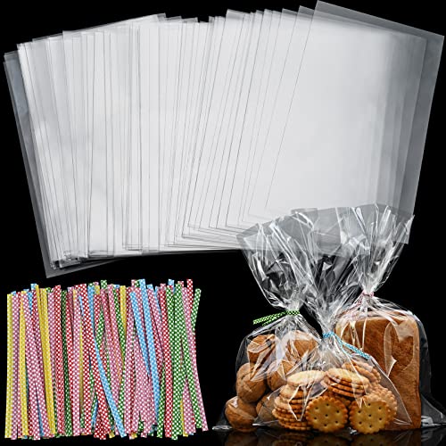 Faburo 90pcs Cellophantüten Klar 25x15cm Süßigkeiten Tütchen Transparent mit 90 Metallischen Bindebaender für Süßigkeiten Mitgebsel Kindergeburtstag Gastgeschenke von Faburo