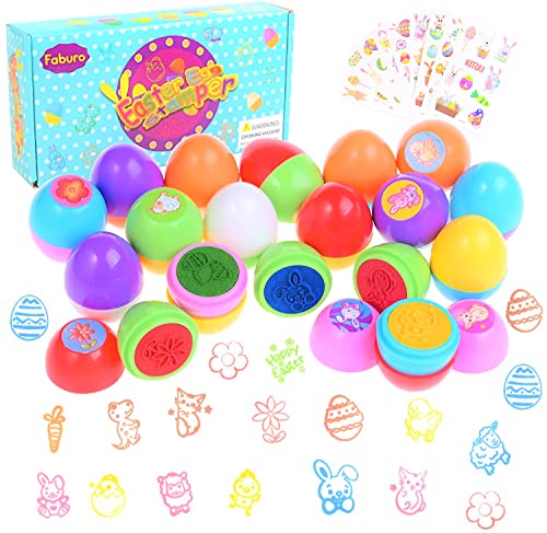 Faburo 18 Stück Stempel Ostereier Stempelset Ostern Kinder Stempel Osterdeko mit 10pcs Osteraufkleber Kinder Ostern Selbstfärbend für Kinder von Faburo