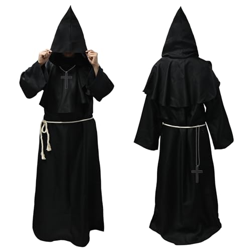 Faburo Halloween-Cosplay-Kostüm, Umhang, Halloween-Kostüme für Herren, Halloween-Cosplay-Sets, mittelalterlicher Mönchsmantel mit Baumwoll-Leinen-Taillenseil und Holzkreuz-Halsketten, Priesterrobe für von Faburo