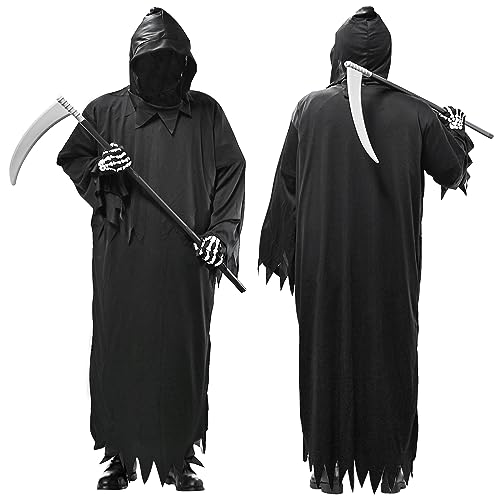 Faburo Halloween Kostüm Herren, Gewand Des Sensenmanns mit Kopfhaube-Gesichtsmaske, Sichel und Handschuhe, Grim Reaper Costume for Party, Scary Erwachsene von Faburo