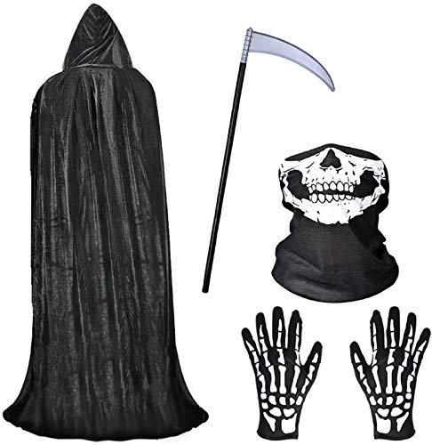 Faburo Halloween-Umhang mit Kapuze, schwarzer Samtumhang, Halloween-Kostüme + Sense + Totenkopf-Maske + Skelett-Handschuhe, Sensenmann, Vampir-Party-Kostüme von Faburo