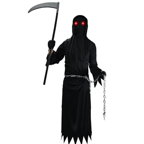 Faburo Kinder Sensenmann Kostüm Glowing Eyes Reaper Costume Child Unisex for Gruselige Phantom Halloween Kostüm, Kinderkostüm Sensenmann mit Leuchtenden Augen für Karneval Halloween Dress Up Party(M) von Faburo