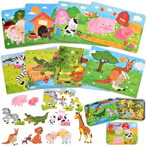 Faburo Puzzle ab 2 Jahre, 112 PCS Mini Puzzle Spielzeug ab 2-5 Jahre, 8 Tier Steckpuzzle Holzpuzzle für Kleinekinder Jungen Mädchen, Kinderpuzzle Schwierigkeitsgrade Lernspielzeug für Kindergeburtstag von Faburo