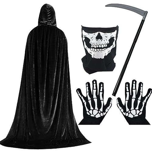 Faburo Schwarzer Umhang mit Kapuze, 160 cm, Unisex, schwarzer Umhang mit Sense, Totenkopfmaske, Skelett-Handschuhe, 2024, Halloween, Scream Sensenmann, Kostüme für Erwachsene, Herren und Damen von Faburo