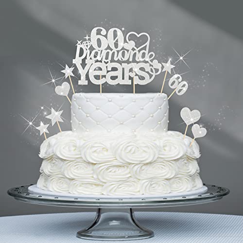 21 Stück 60. Hochzeitstag Kuchendeckel Diamond Years Kuchen Topper 60. Geburtstag Hochzeit Jahrestag Tortenstecker Party Deko Silber Glitzer Farbe für 60. Paar Jahrestag (60 Diamond Years) von Faccito