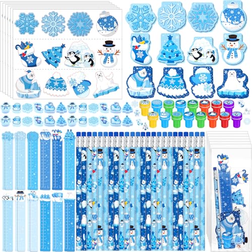 Faccito 168-teiliges Winter-Partygeschenk Schneeflocken-Partyzubehör Winter Frozen Schreibwaren-Set Notizbuch Aufkleber Stempel Radiergummi Lineal Bleistift für Winter Wunderland Weihnachten Babyparty von Faccito