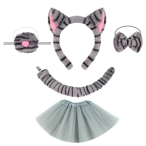 FackLOxc 1 3/4/5/6 Katzen Kostüm Set Halloween Kostüm Cosplay Party Requisiten Katzen Ohren Stirnband Bowtie Schwanz Tutus Gesichtsaufkleber von FackLOxc