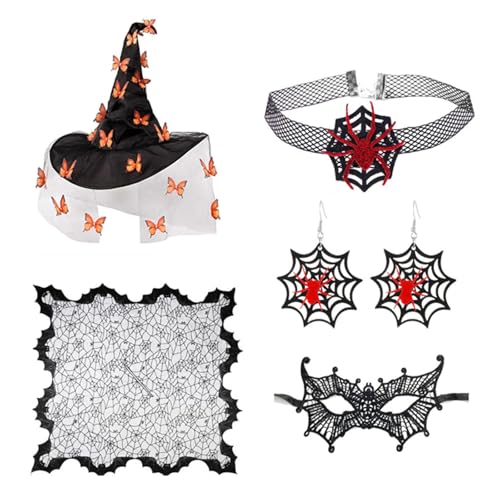 FackLOxc Butterfly Hexenhut Augenmaske Halskette Ohrringe Für Halloween Maskerade Cosplay Frauen Hexenkostümzubehör von FackLOxc