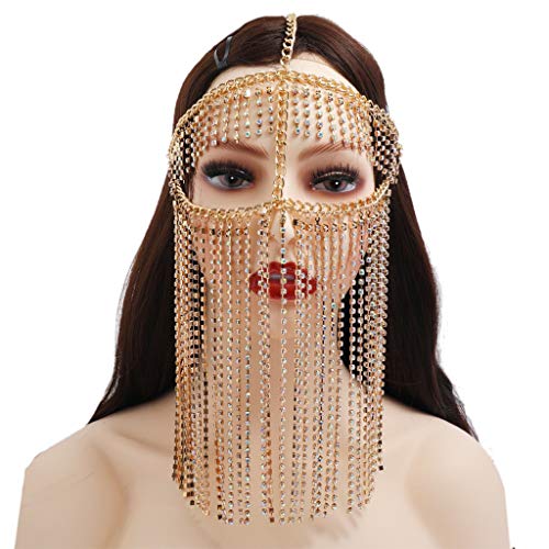 FackLOxc Frauen Handgemachte Faux Kristall Quaste Maskerade Maske Schleier Gesicht Kette Bauchtanz Bühne Cosplay Party Stirnband Festival Haarschmuck von FackLOxc