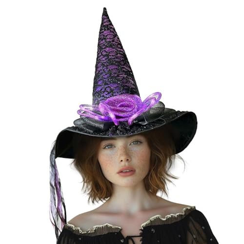 FackLOxc Halloween-Hexenhut, Blumen-Zauberer-Kappen für Frauen, Mädchen, Zauberer, Cosplay, Kostüm, Zubehör, beleuchteter spitzer Hut, Geschenke von FackLOxc