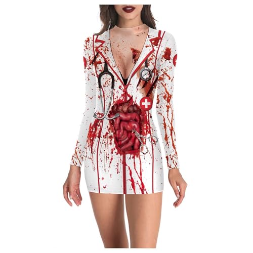 Factorys Damen Krankenschwester Kleid Halloween Blutige Kostüm Blutbefleckt Weiß Langarm Kleid Vintage Zombie Krankenschwester Uniform Schaurige Krankenschwester Zombie Cosplay Kleidung von Factorys